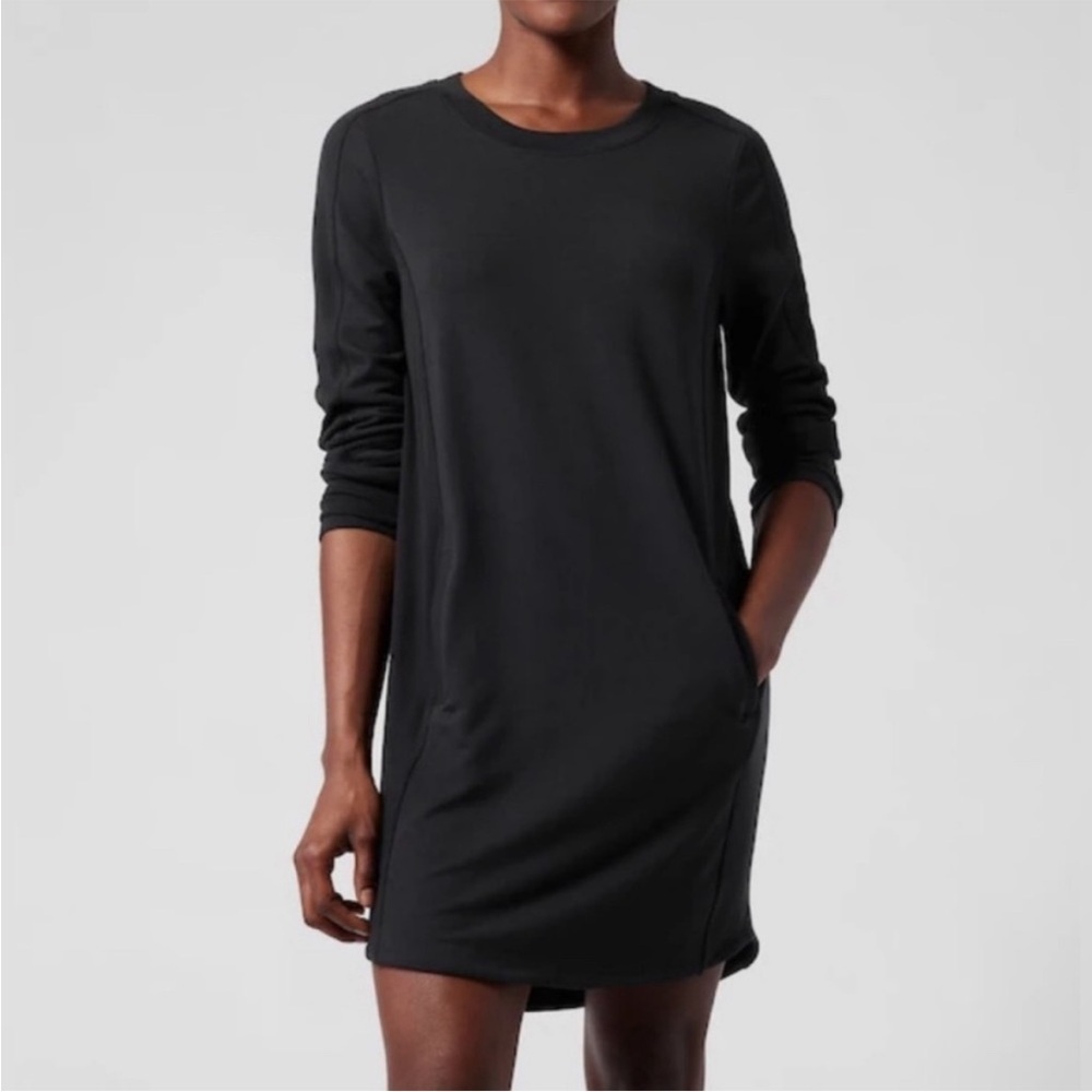 Athleta Womens Black Balance Soft Long Sleeves Side Pockets Active Dress Sz M